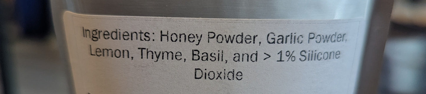3 oz. Honey Citrus Seasoning-This citrus thyme seasoning pairs sweet honey powder with bright lemon zest, aromatic garlic, and earthy thyme and basil—perfect for elevating salads, roasted veggies, and more.