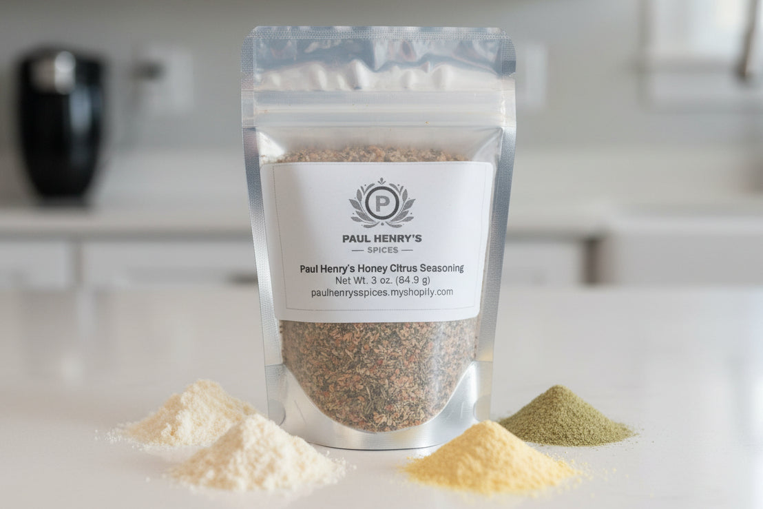 3 oz. Honey Citrus Seasoning-This citrus thyme seasoning pairs sweet honey powder with bright lemon zest, aromatic garlic, and earthy thyme and basil—perfect for elevating salads, roasted veggies, and more.